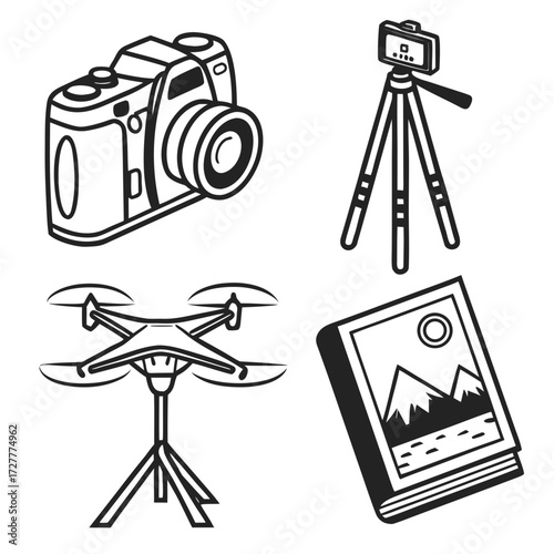 Collection of stylized black and white icons representing photography equipment including a camera drone tripod and a photo album