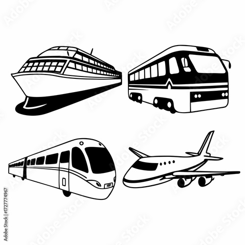 Collection of stylized black and white line art illustrations depicting various modes of transportation including a cruise ship a bus a train and an airplane