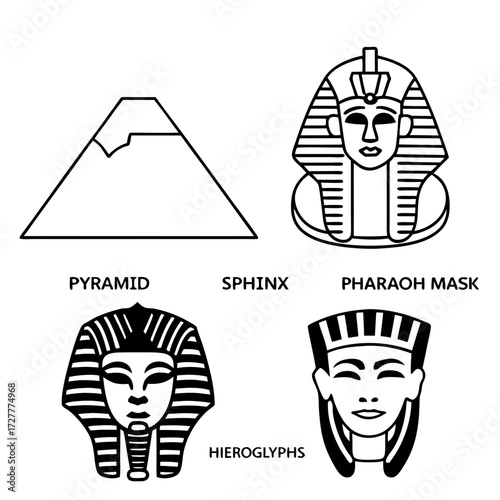 Collection of stylized black and white line art icons representing ancient egyptian symbols including a pyramid sphinx pharaoh mask and hieroglyphs