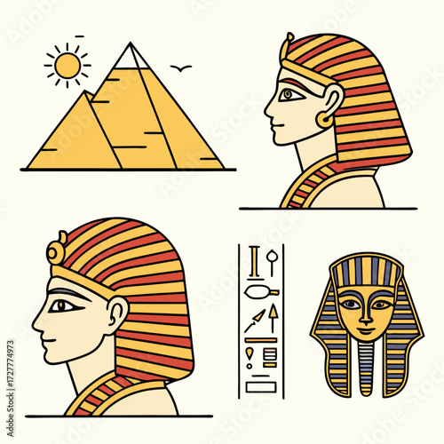 Collection of stylized egyptian icons featuring pyramids pharaoh profiles hieroglyphs and tutankhamun s mask on a light background