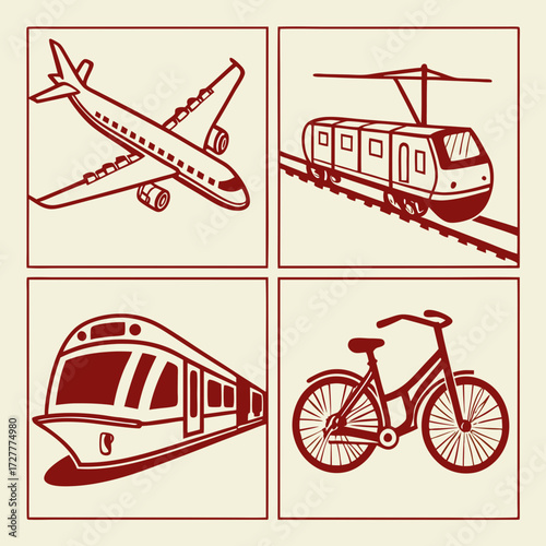 Collection of stylized graphic icons depicting an airplane an electric train a modern subway train and a bicycle in a grid layout