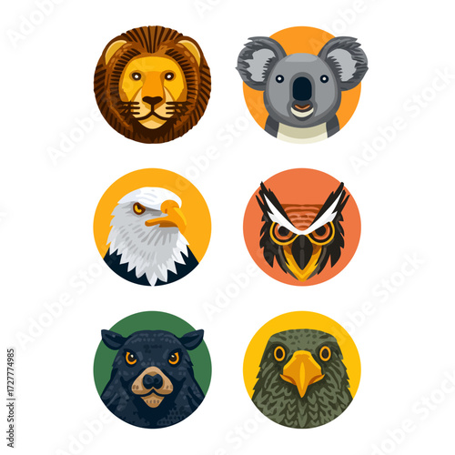 Colorful vector illustrations of various animals like lion, koala, eagle, owl, bear, and hawk