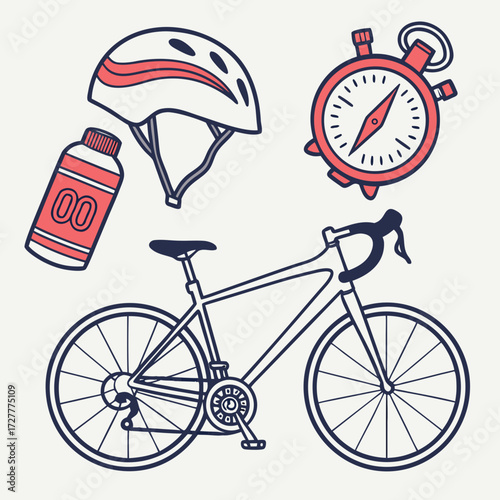 Cycling equipment including a road bike helmet water bottle and stopwatch for training and competition