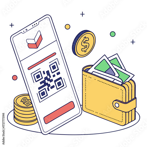 Digital payment concept with smartphone displaying qr code stacked coins and a wallet filled with cash and cards illustrating modern financial transactions