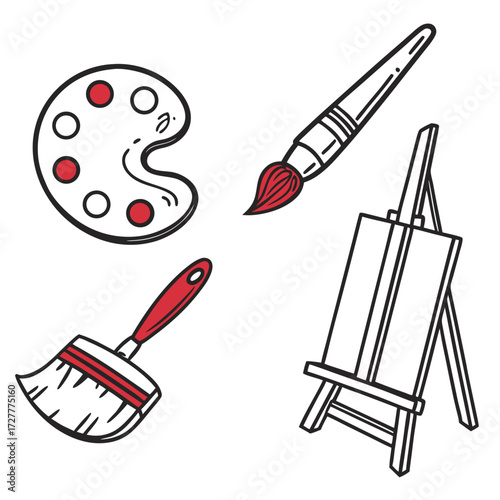 Doodle art of a painter s palette with red and white circles a fine art brush a broad brush and an easel on a white background