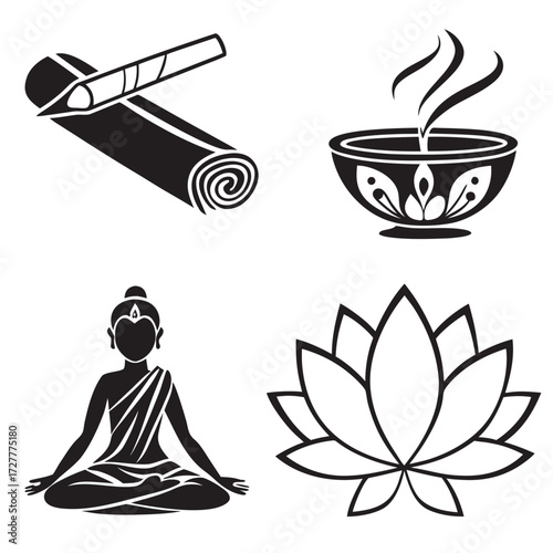 Four black silhouettes representing wellness and spirituality including meditation buddha lotus flower incense and aromatherapy bowl