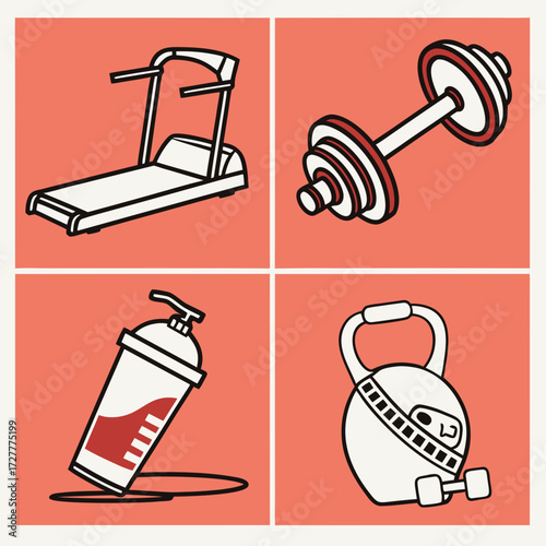Four panel graphic illustration of fitness equipment including a treadmill dumbbell shaker bottle and kettlebell on a coral background
