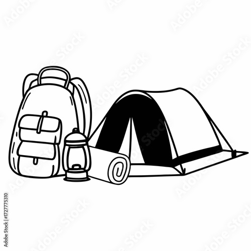 Illustration of camping gear including a backpack tent rolled sleeping mat and lantern in a simple line art style