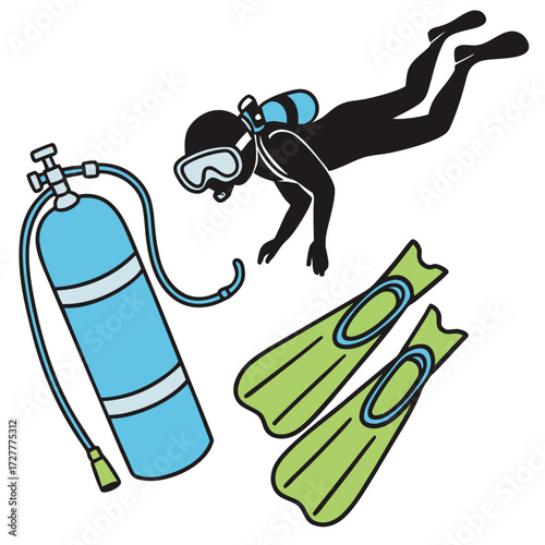Illustration of a scuba diver with a tank and fins depicting underwater exploration and aquatic adventure gear