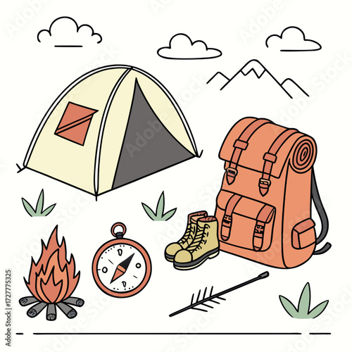 Illustration of camping gear including a tent backpack boots compass campfire and mountains for outdoor adventure and exploration