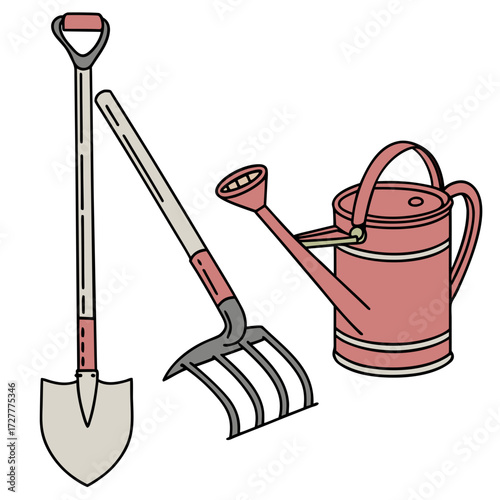 Illustration of gardening tools including a spade a pitchfork and a watering can in a simple flat design style
