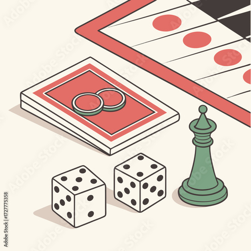 Isometric illustration of casino game elements including dice chips and a roulette board with a chess piece