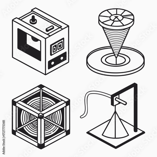 Isometric line art illustrations of a 3d printer filament spool ventilation fan and a 3d pen for creative manufacturing and prototyping concepts
