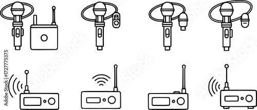 Set of wireless lavalier microphone outline vector icons