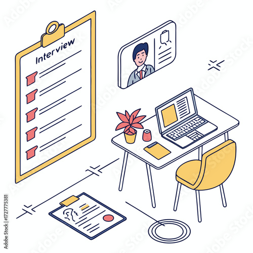 Job interview preparation scene with checklist laptop resume and candidate profile displayed on a desk