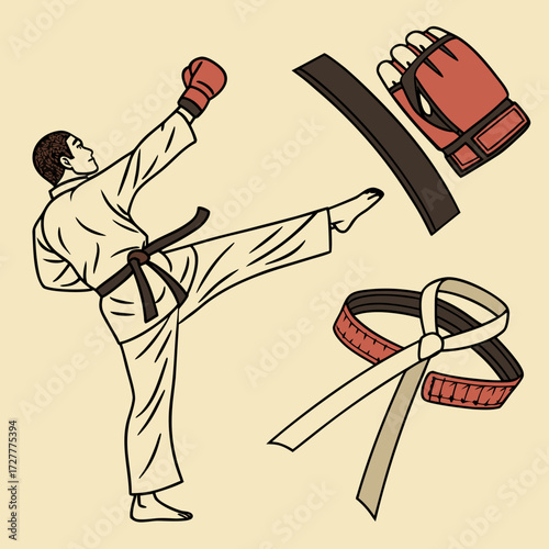 Martial artist in a white gi performing a high kick with red boxing gloves and martial arts belts scattered around