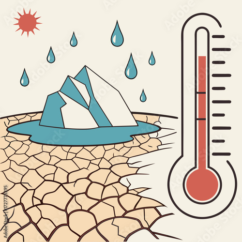 Melting iceberg on cracked dry earth under a hot sun with falling water drops and a thermometer indicating high temperature
