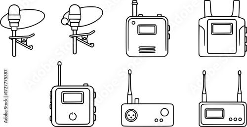 Set of wireless lavalier microphone outline vector icons