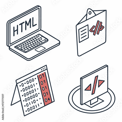 Set of isometric icons representing web development concepts including a laptop with html code and programming symbols