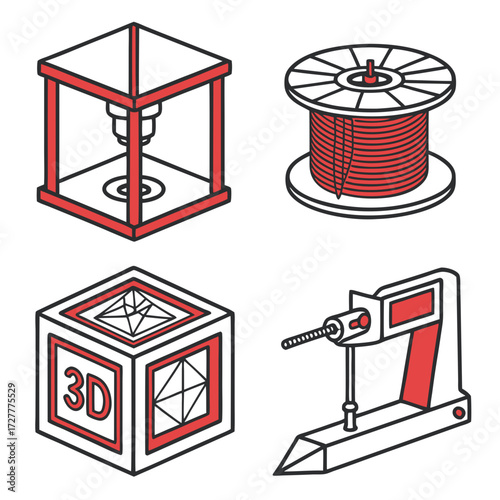 Set of isometric icons representing 3d printing technology including a 3d printer filament spool 3d cube model and a tool