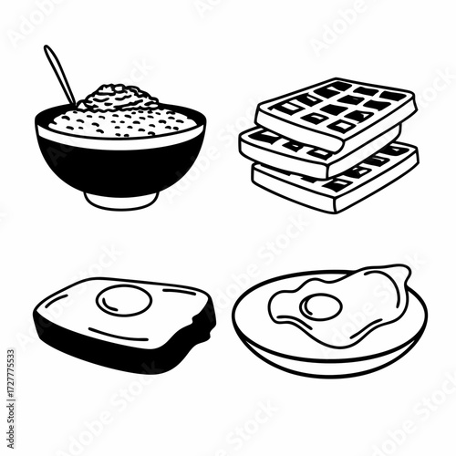 Simple line art illustrations of a bowl of cereal waffles fried egg and another fried egg on a plate