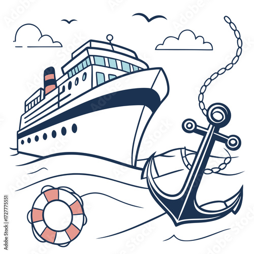 Stylized illustration of a large cruise ship sailing on wavy ocean waters with an anchor and life preserver
