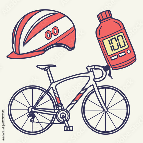 Stylized illustration of a road bicycle with a helmet and water bottle showing a hundred percent charge level