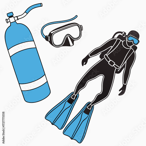 Stylized illustration of a scuba diver with mask fins and air tank ready for underwater exploration and adventure