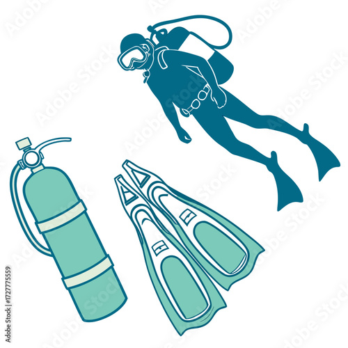 Stylized illustration of a scuba diver with oxygen tank and fins on a white background