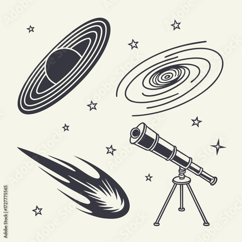 Stylized illustration of celestial bodies including a black hole spiral galaxy comet and telescope surrounded by stars on a light background