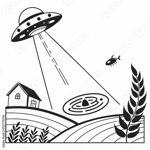 Whimsical black and white illustration of a flying saucer beaming light onto a crop circle in a rural landscape with a small house and a tiny alien creature