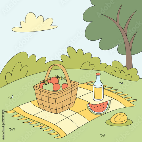 Whimsical cartoon illustration of a delightful outdoor picnic spread with a woven basket filled with fresh produce and a bottle of juice on a checkered blanket