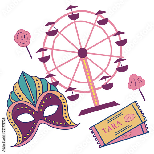 Whimsical illustration of a carnival theme with a ferris wheel masquerade mask tickets and sweet treats on a white background