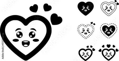 Set of love-struck face with hearts outline vector icons