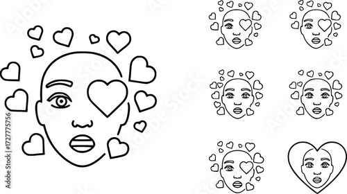 Set of love-struck face with hearts outline vector icons