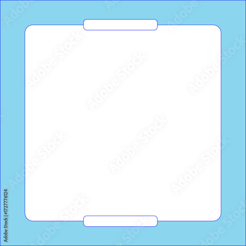 Empty blue clipboard with blank white paper sheet and metal clips on light blue background for office documentation
