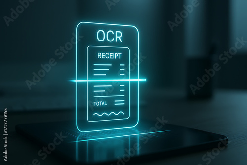 OCR receipt scanning neon glowing 3d concept, optical character recognition technology detecting digital text data from invoice document, futuristic ai automation system for finance and business analy