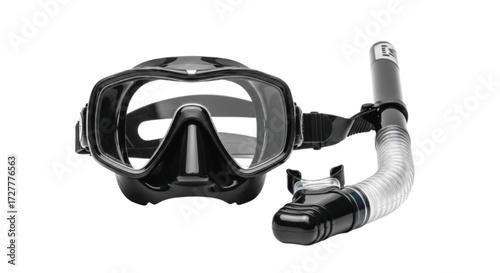 Professional black diving mask and snorkel set isolated on a white background for underwater exploration