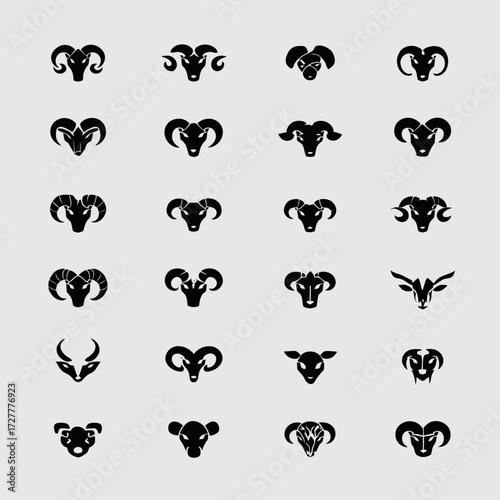 Diverse array of twenty ram head icons in black, arranged on a grid pattern
