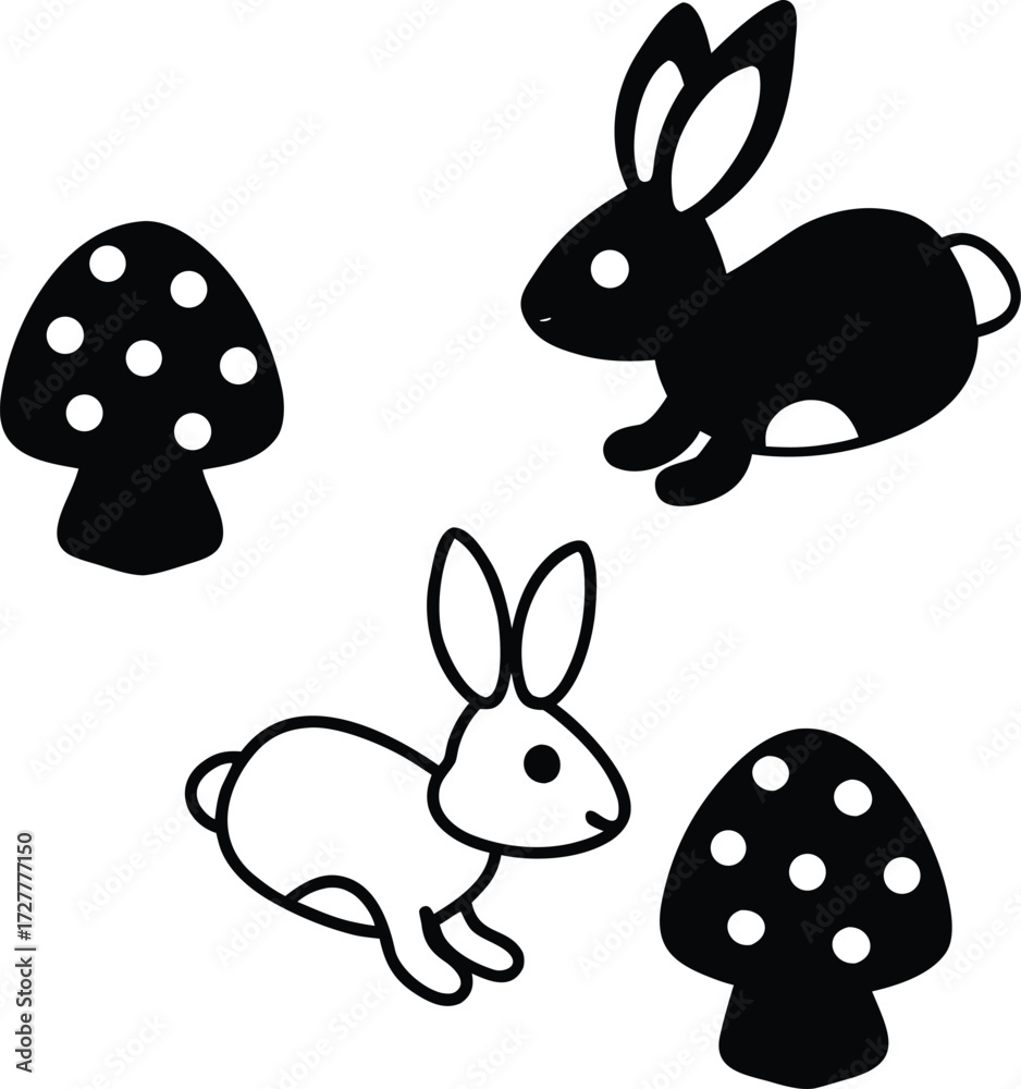 Fototapeta premium cute bunnies hopping around patterned mushrooms illustration on transparent background