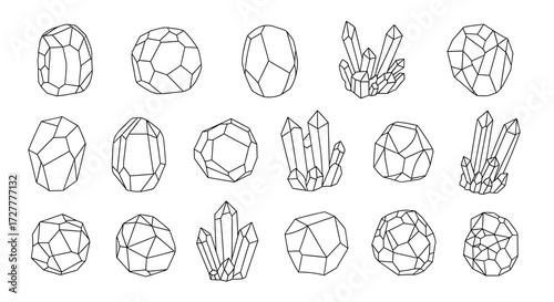 Collection of hand drawn gemstone illustrations with faceted cuts and rough crystal textures isolated on transparent background