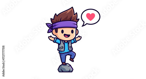 Cute cartoon boy with brown hair wearing a blue shirt and vest with a purple bandana expressing love isolated on transparent background