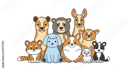 A charming collection of adorable cartoon dog breeds depicted in a playful group illustration isolated on transparent background