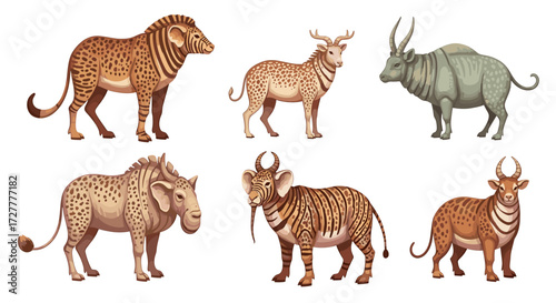 Collection of six diverse african wildlife animals including a zebra antelope and buffalo isolated on transparent background