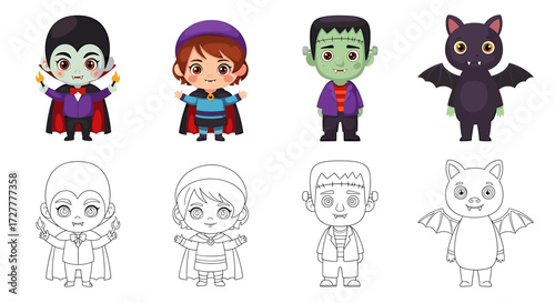 Collection of cute cartoon halloween characters including a vampire frankenstein bat and outline drawings isolated on transparent background