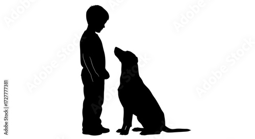 Silhouette of a young boy standing and looking up at a dog sitting attentively isolated on transparent background