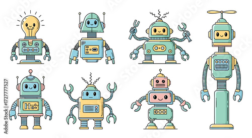Collection of eight unique retro style cartoon robots featuring diverse designs and colors isolated on transparent background