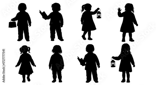 Collection of eight black silhouette figures of young children in various poses holding objects isolated on transparent background