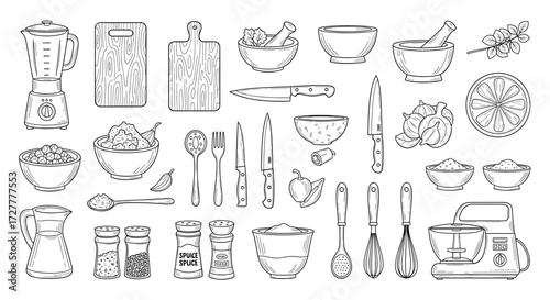 Collection of hand drawn kitchen utensils and appliances sketch isolated on transparent background