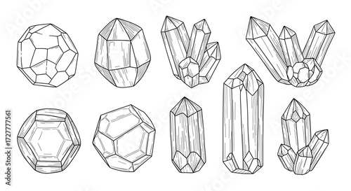 Collection of hand drawn crystal illustrations featuring various facets and shapes isolated on transparent background